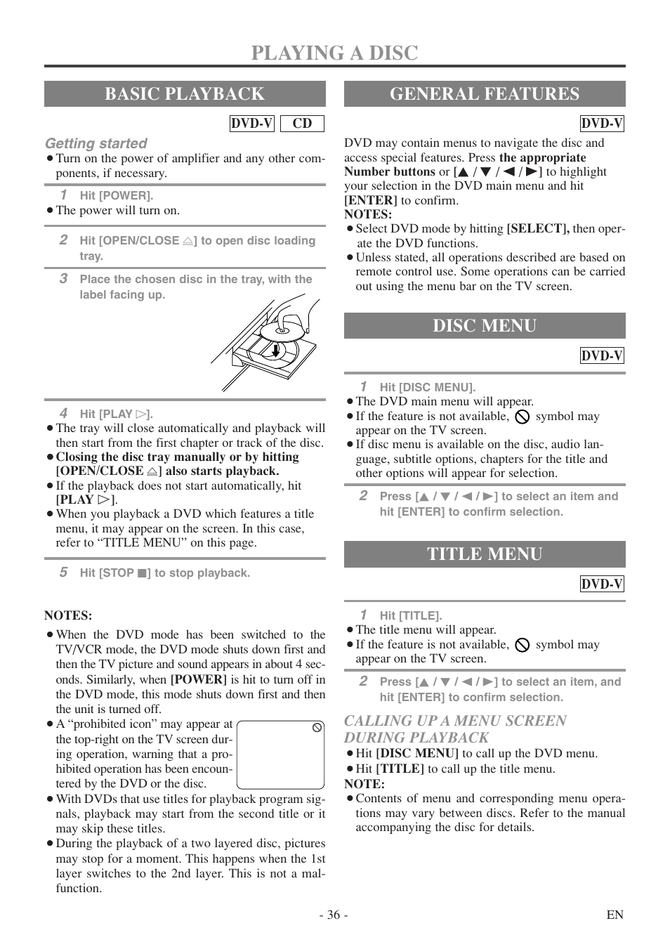 Playing a disc, Basic playback, General features | Title menu, Disc menu, Calling up a menu screen during playback | Sylvania 6727DF User Manual | Page 36 / 56