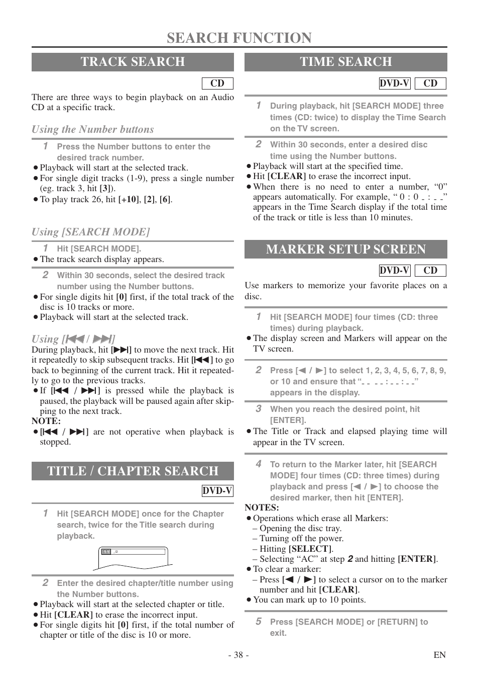Search function, Track search, Title / chapter search | Time search, Marker setup screen, Using the number buttons, Using [search mode, Using [ h h / g g | Sylvania 6727DF User Manual | Page 38 / 56