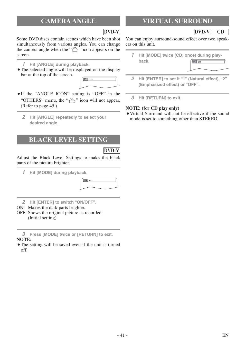 Camera angle, Black level setting, Virtual surround | Sylvania 6727DF User Manual | Page 41 / 56