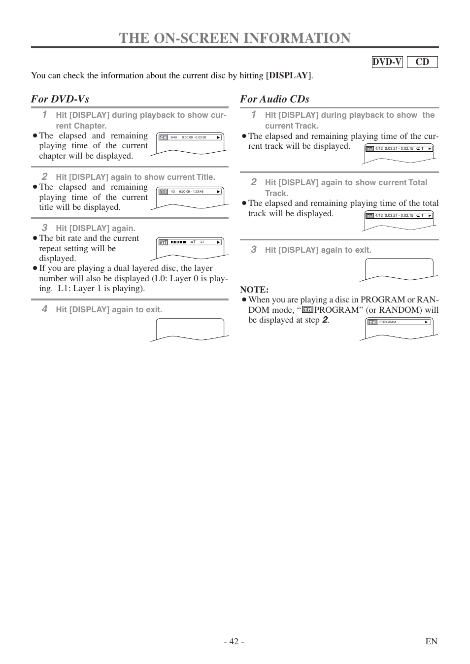 The on-screen information, For dvd-vs, For audio cds | Cd dvd-v | Sylvania 6727DF User Manual | Page 42 / 56
