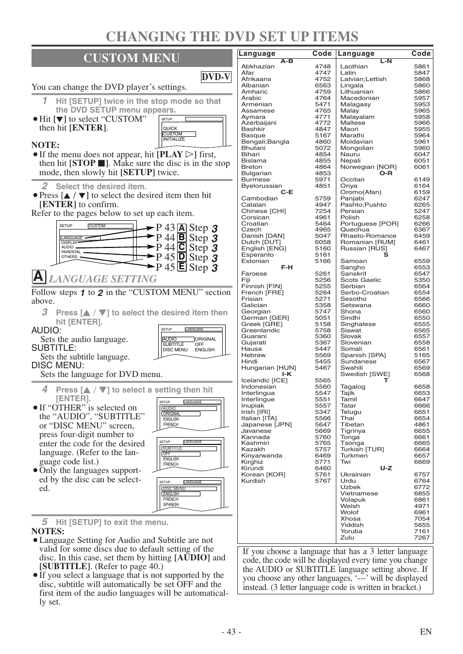 Changing the dvd set up items, Custom menu, Language setting | Dvd-v, 43 - en, You can change the dvd player’s settings, Ab c d e, Select the desired item, Press, Hit [setup] to exit the menu | Sylvania 6727DF User Manual | Page 43 / 56