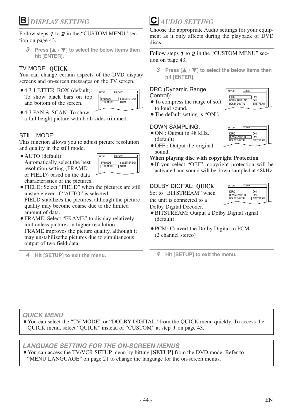Audio setting, Display setting, Quick | Language setting for the on-screen menus, Quick menu | Sylvania 6727DF User Manual | Page 44 / 56