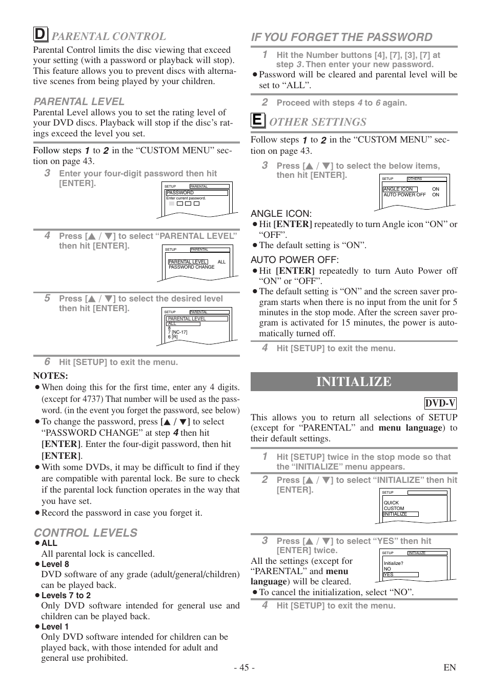 Initialize, Control levels, Parental control | If you forget the password, Other settings, Parental level, Dvd-v | Sylvania 6727DF User Manual | Page 45 / 56