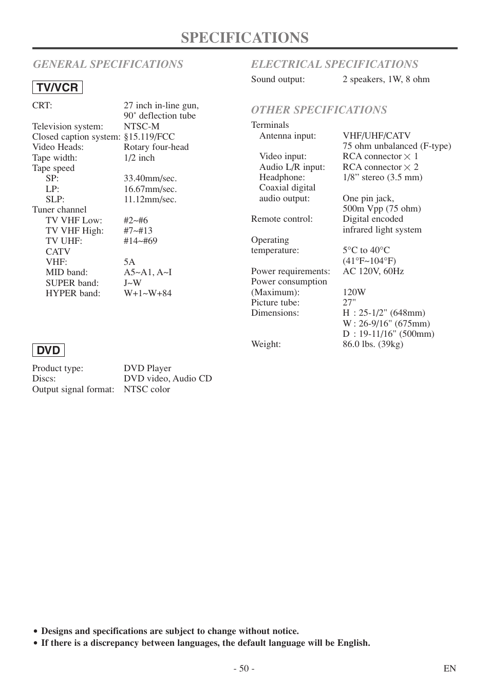 Specifications, Dvd general specifications, Tv/vcr electrical specifications | Other specifications | Sylvania 6727DF User Manual | Page 50 / 56