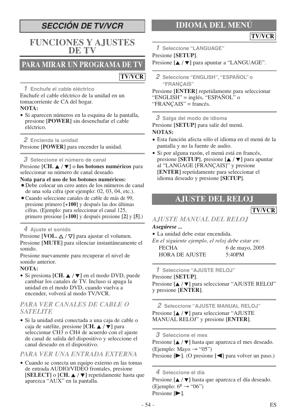 Funciones y ajustes de tv, Idioma del menú, Sección de tv/vcr para mirar un programa de tv | Ajuste del reloj | Sylvania 6727DF User Manual | Page 54 / 56
