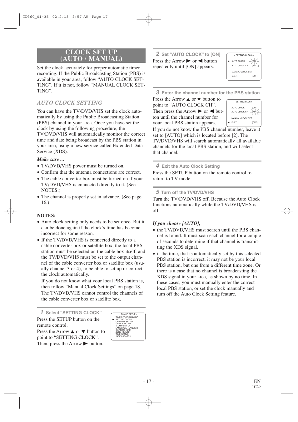 Clock set up (auto / manual), Auto clock setting | Sylvania 6719DB1 User Manual | Page 17 / 64