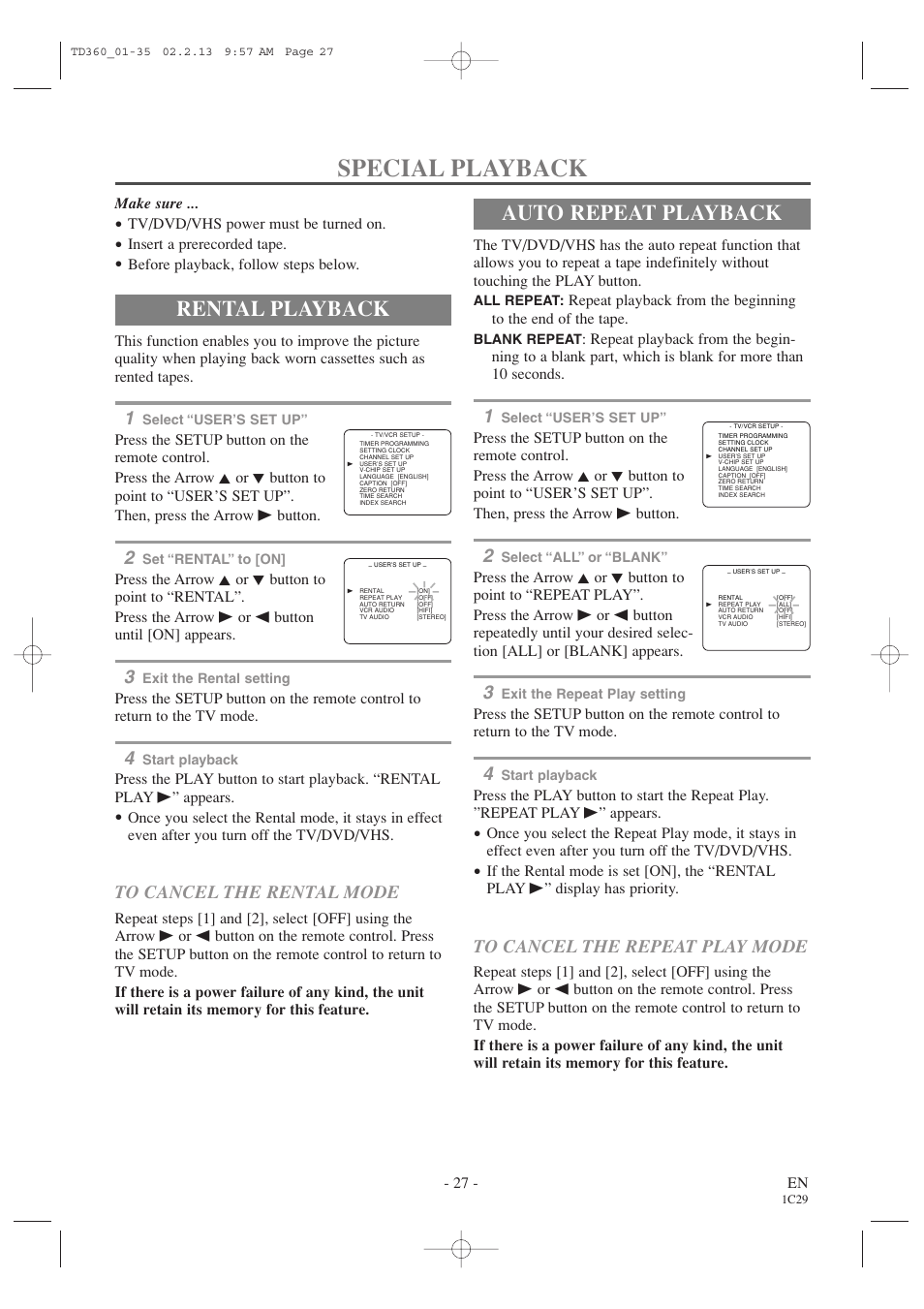 Special playback, Rental playback, Auto repeat playback | Sylvania 6719DB1 User Manual | Page 27 / 64