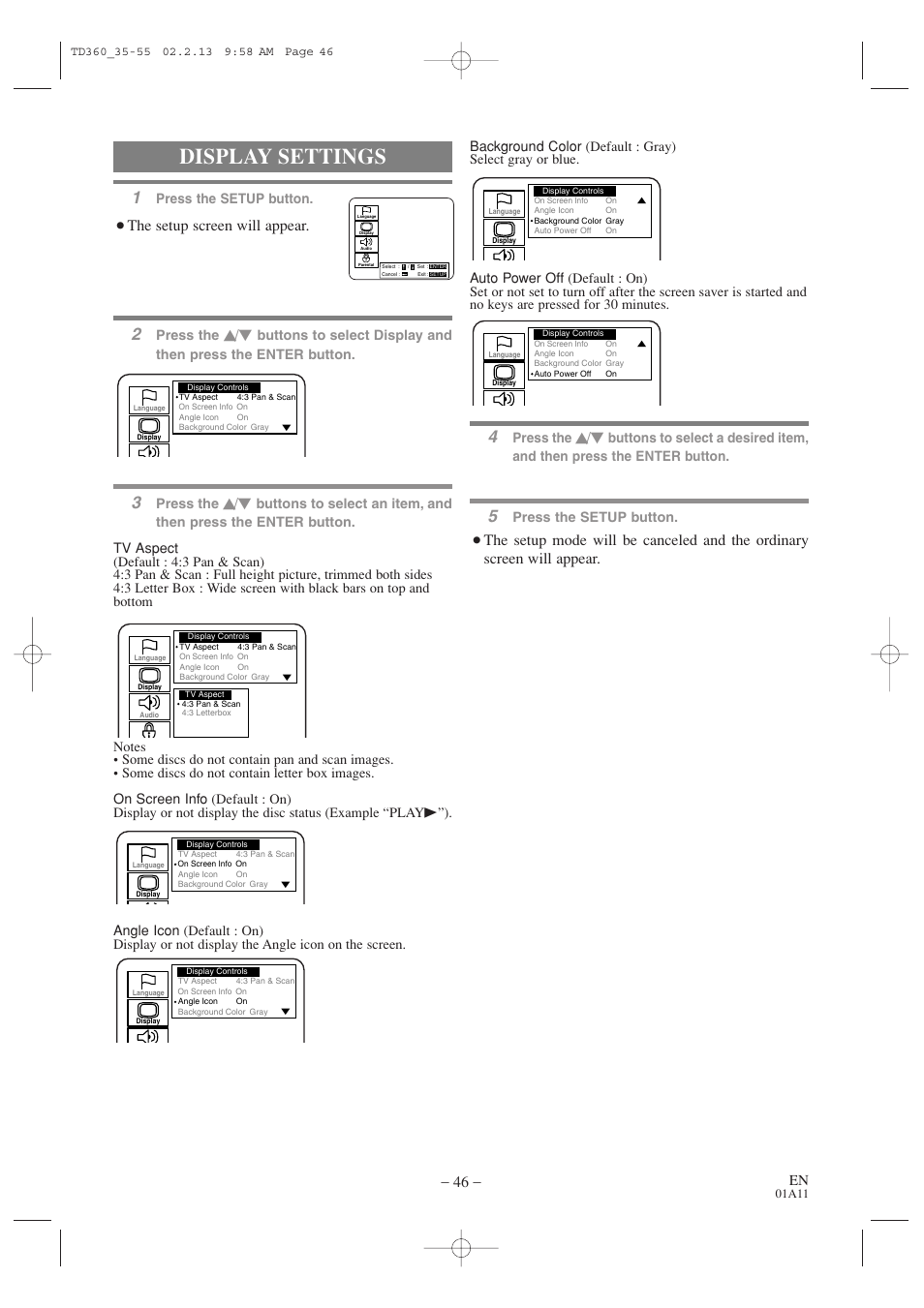Display settings, The setup screen will appear | Sylvania 6719DB1 User Manual | Page 46 / 64