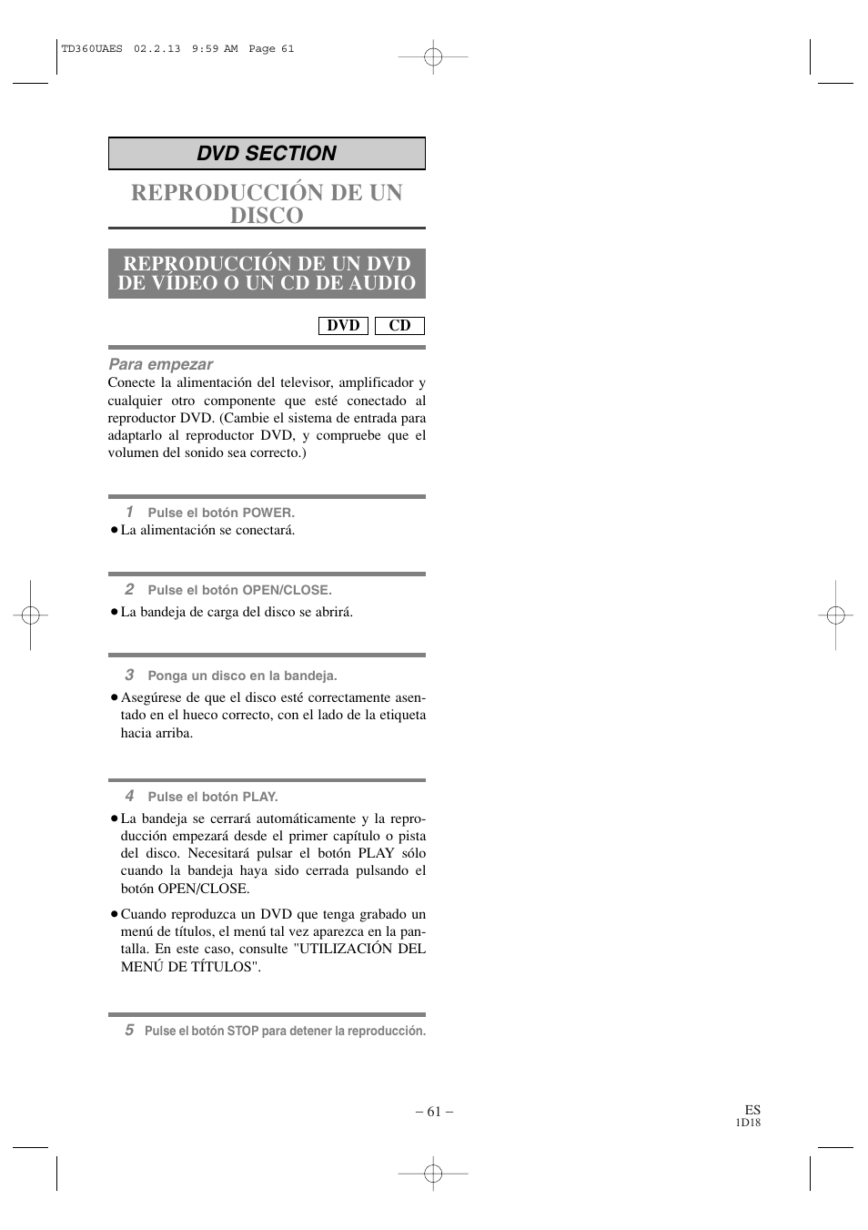Reproducción de un disco, Reproducción de un dvd de vídeo o un cd de audio | Sylvania 6719DB1 User Manual | Page 61 / 64