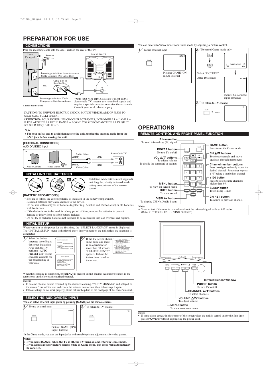Preparation for use, Operations, Ｍｅｎｕ ｖｏｌｕｍｅ ｃｈａｎｎｅｌ ｐｏｗｅｒ | Ａｎｔ． ａｕｄｉｏ ｖｉｄｅｏ | Sylvania 6420FMG User Manual | Page 2 / 4