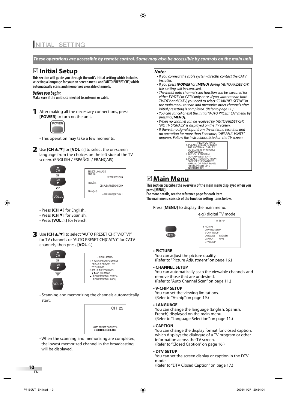 Nitial setting, Initial setup, Main menu | Sylvania CR202SL8 User Manual | Page 10 / 26