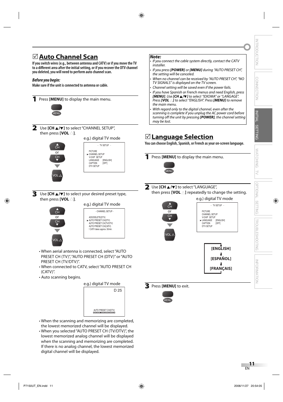 Auto channel scan, Language selection | Sylvania CR202SL8 User Manual | Page 11 / 26