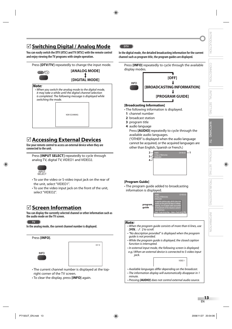 Switching digital / analog mode, Accessing external devices, Screen information | Troubleshooting information | Sylvania CR202SL8 User Manual | Page 13 / 26