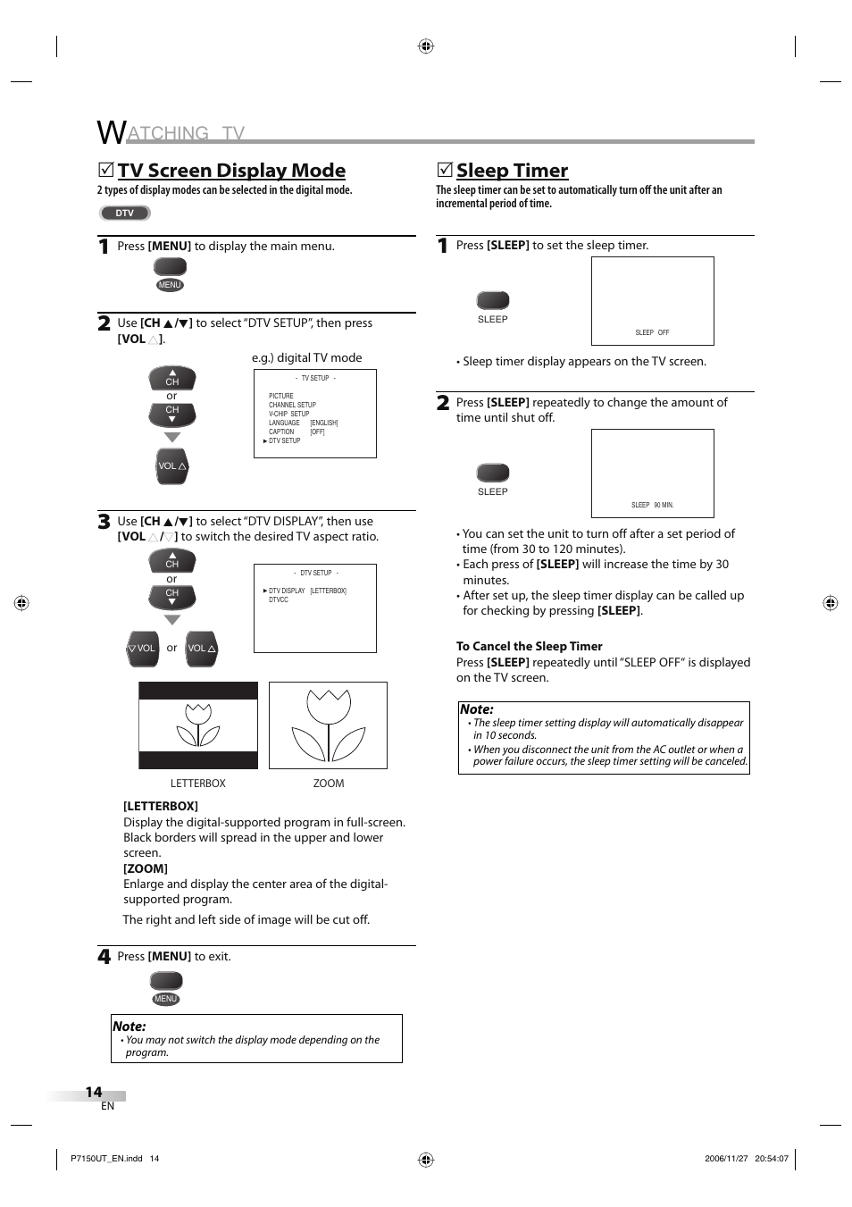 Atching tv, Tv screen display mode, 5sleep timer | Sylvania CR202SL8 User Manual | Page 14 / 26