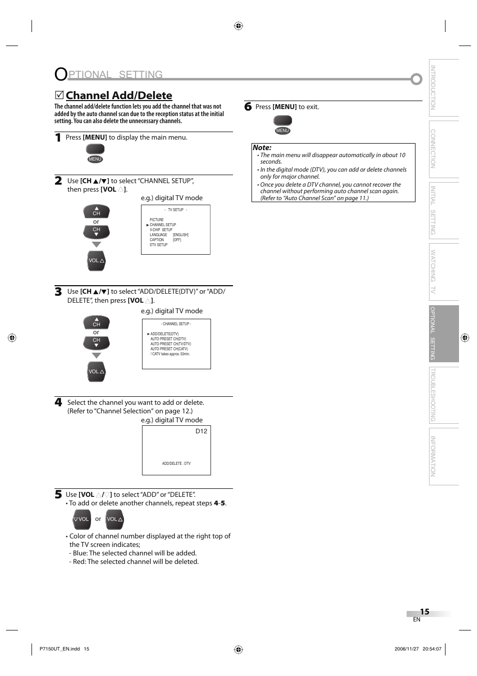 Ptional setting, Channel add/delete, Troubleshooting information | Sylvania CR202SL8 User Manual | Page 15 / 26