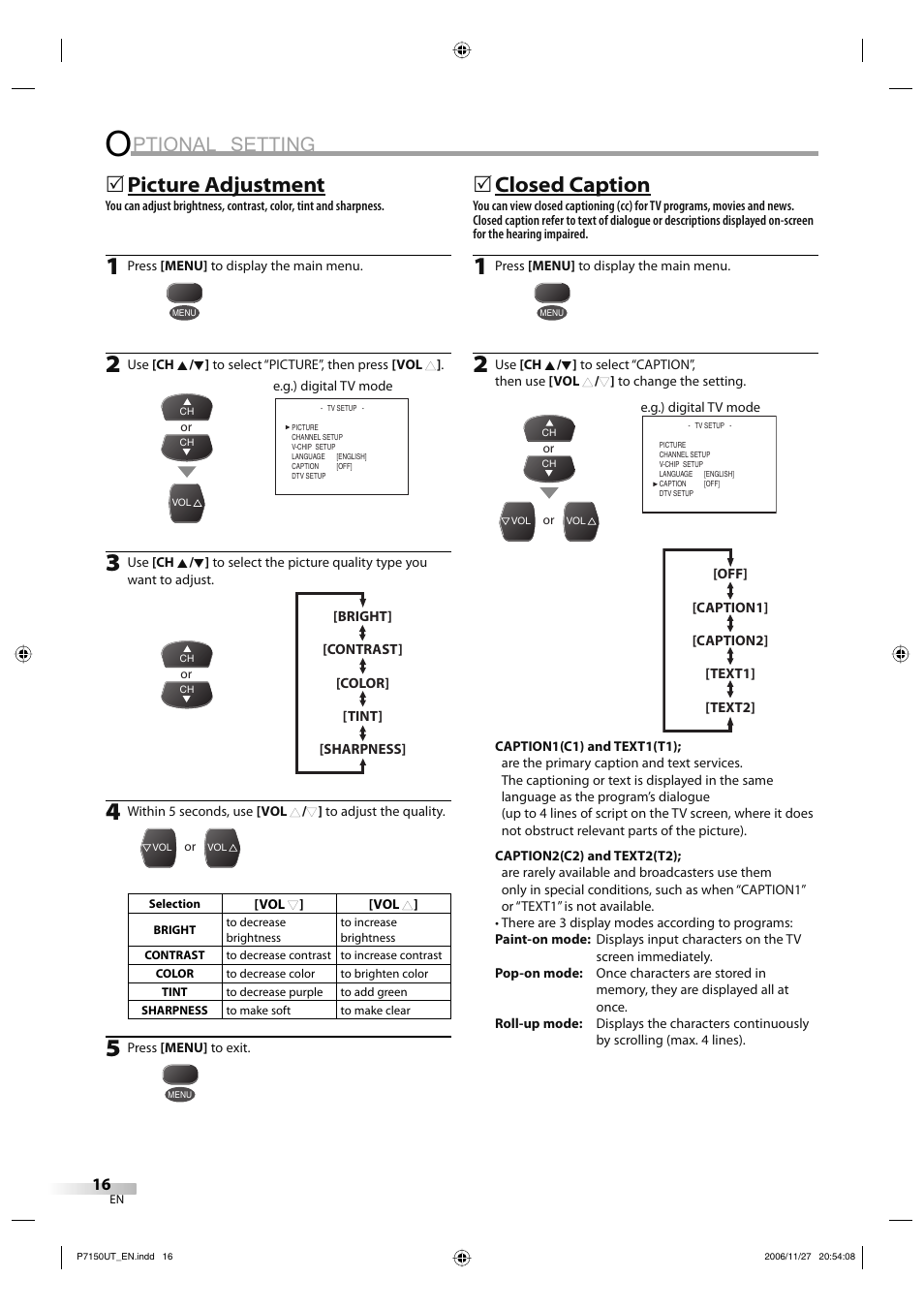 Ptional setting, Picture adjustment, 5closed caption | Sylvania CR202SL8 User Manual | Page 16 / 26
