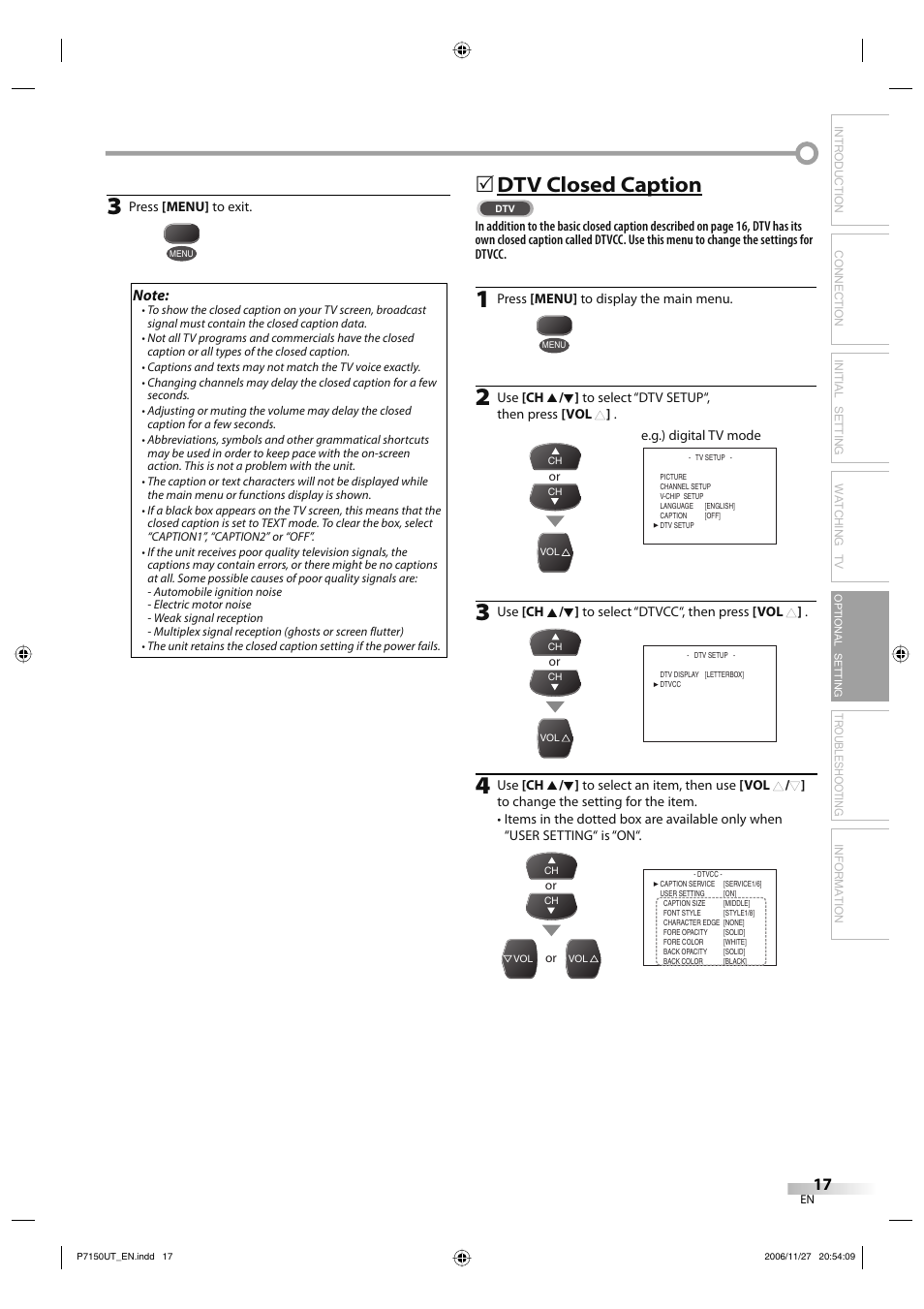 Dtv closed caption, Troubleshooting information, Optional setting | Sylvania CR202SL8 User Manual | Page 17 / 26