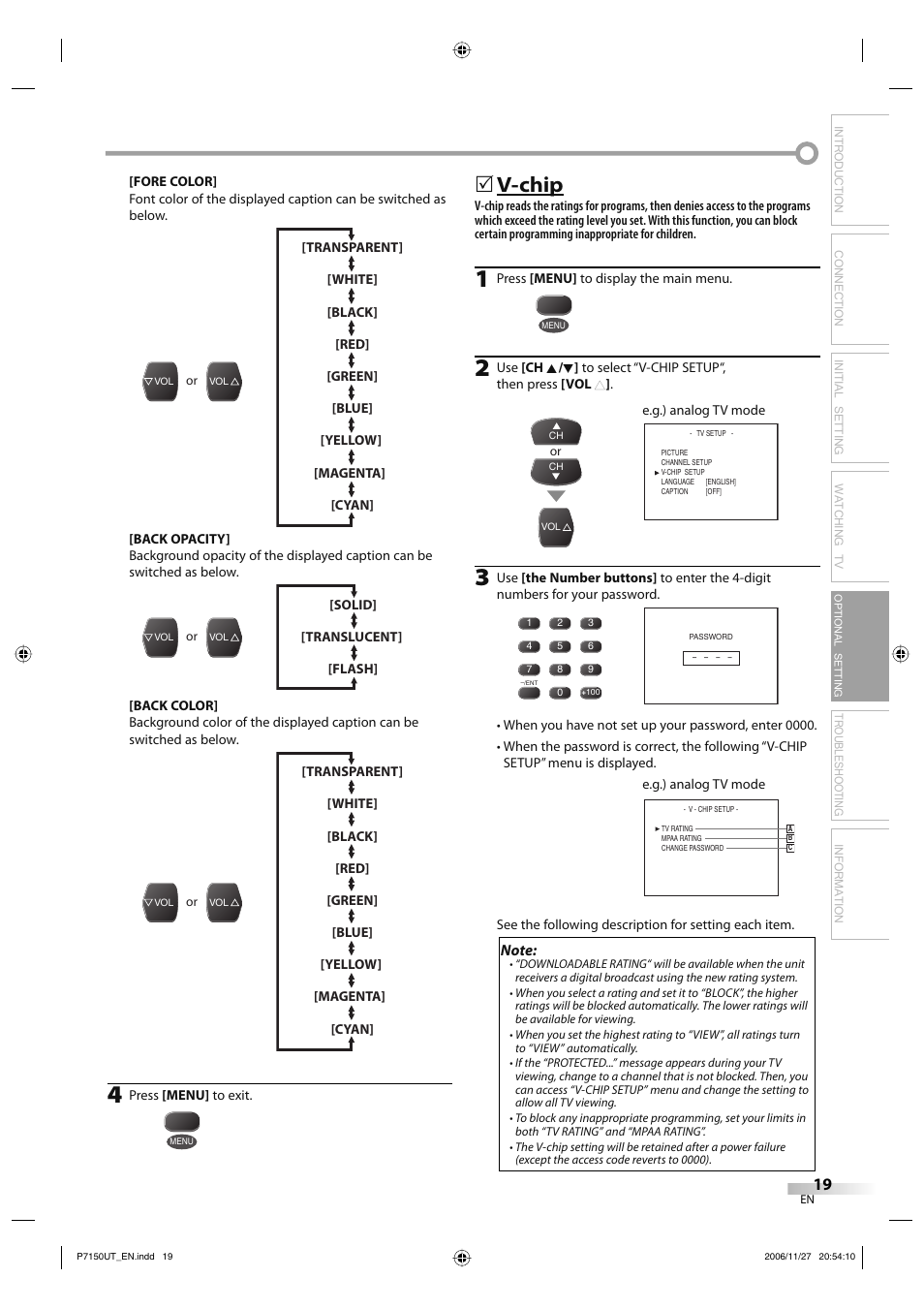 V-chip, Troubleshooting information, Optional setting | Sylvania CR202SL8 User Manual | Page 19 / 26