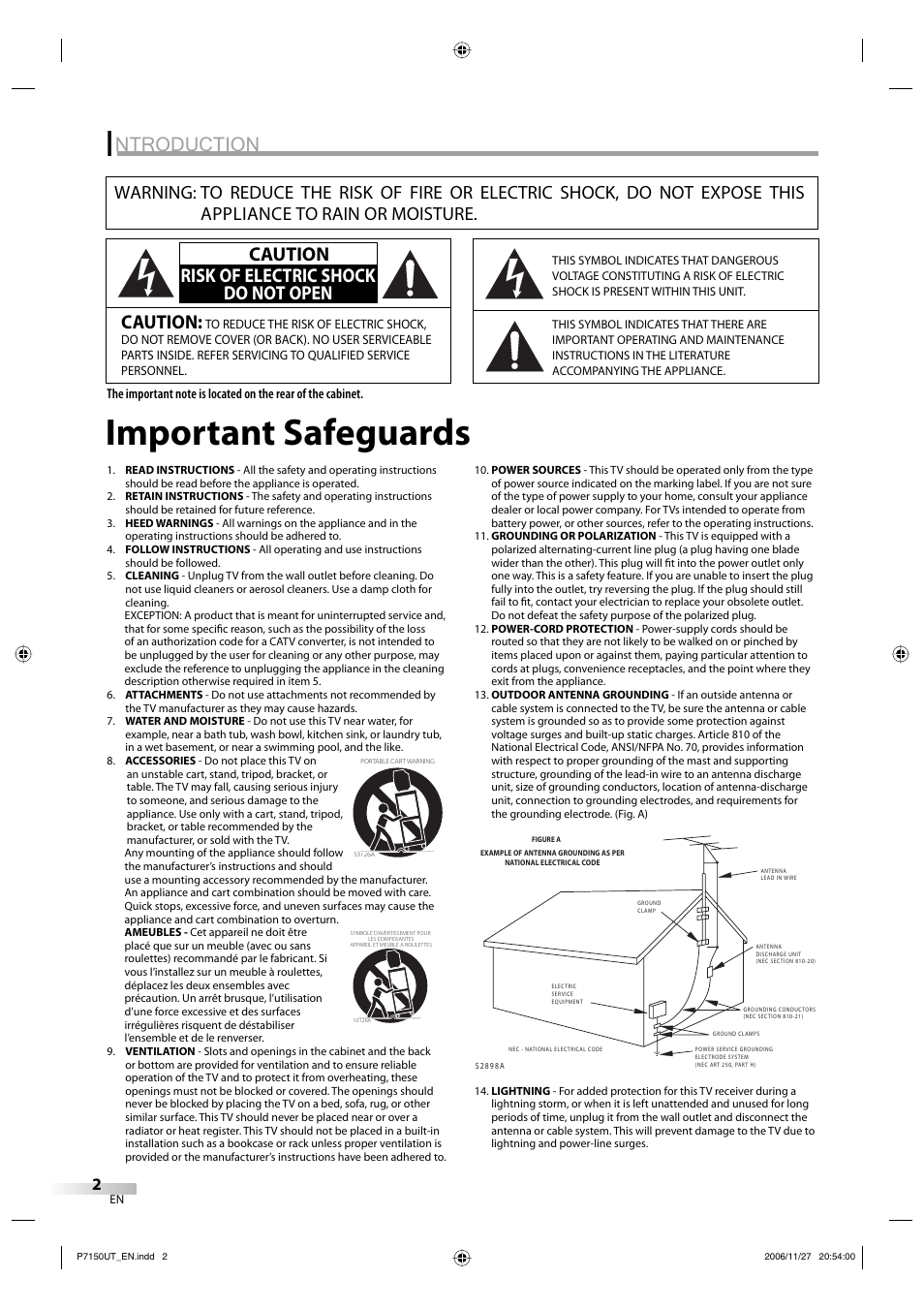 Important safeguards, Ntroduction, Caution | Caution risk of electric shock do not open | Sylvania CR202SL8 User Manual | Page 2 / 26