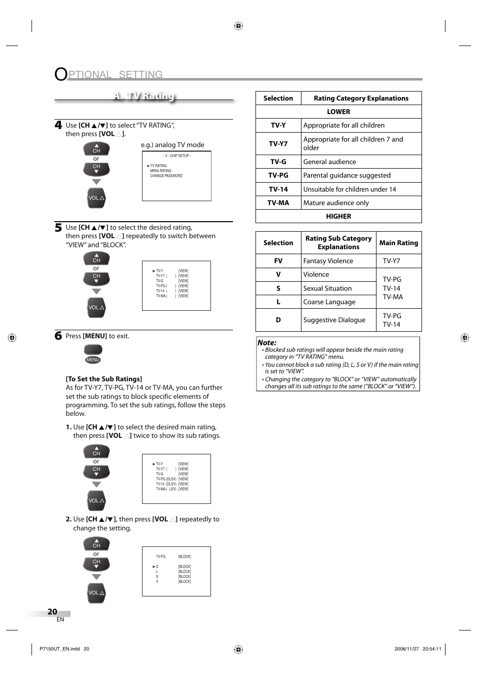 Ptional setting, A. tv rating | Sylvania CR202SL8 User Manual | Page 20 / 26