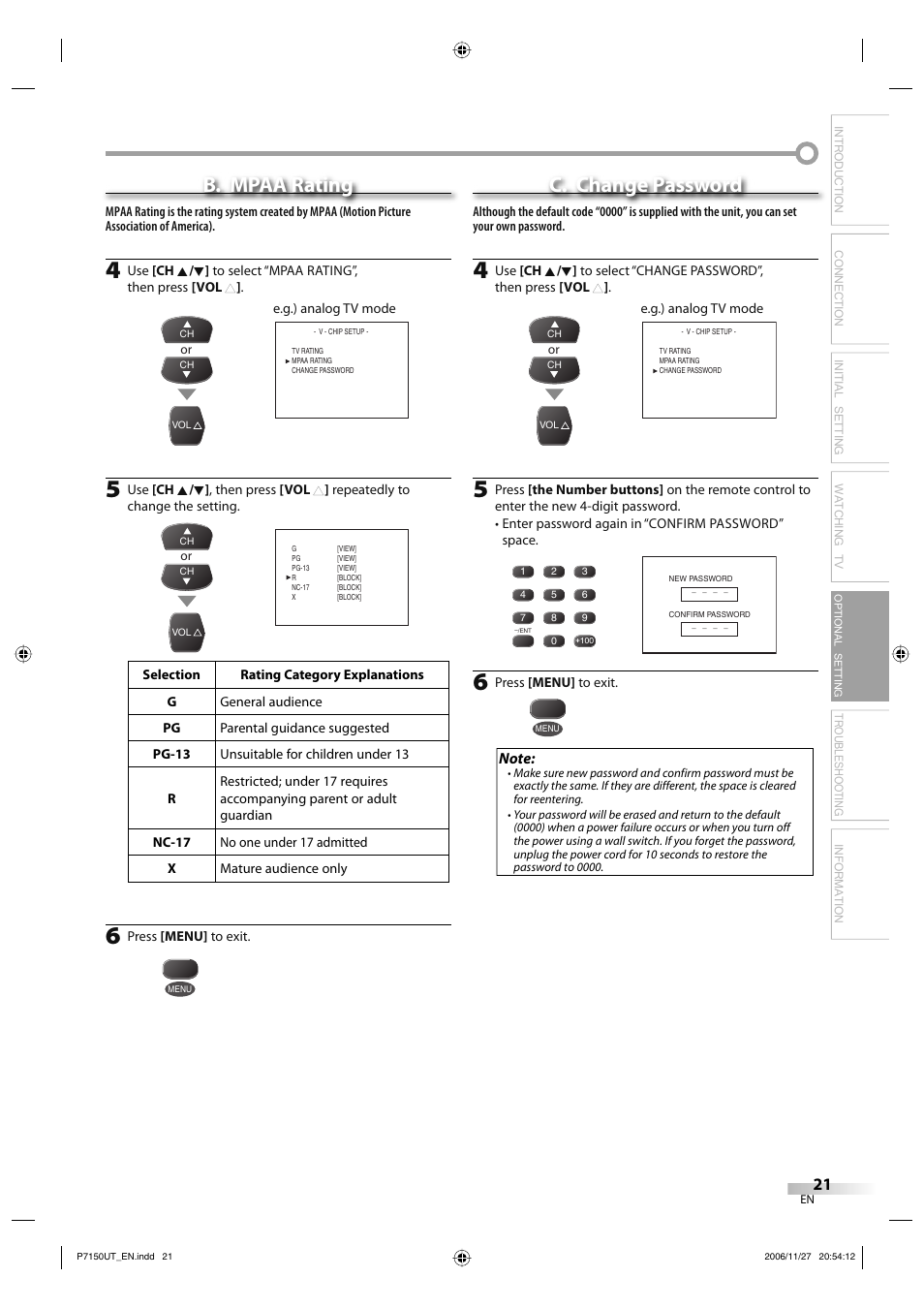 B. mpaa rating, C. change password, Troubleshooting information | Optional setting | Sylvania CR202SL8 User Manual | Page 21 / 26