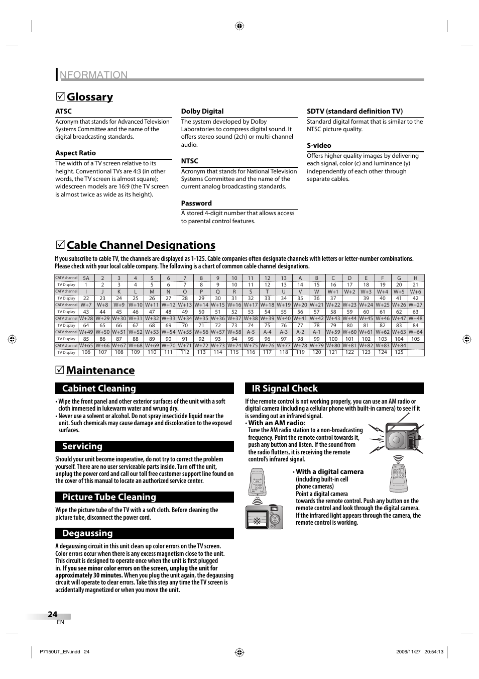 Nformation, Maintenance 5 glossary 5, Cable channel designations 5 | Cabinet cleaning, Servicing, Picture tube cleaning, Degaussing, Ir signal check | Sylvania CR202SL8 User Manual | Page 24 / 26