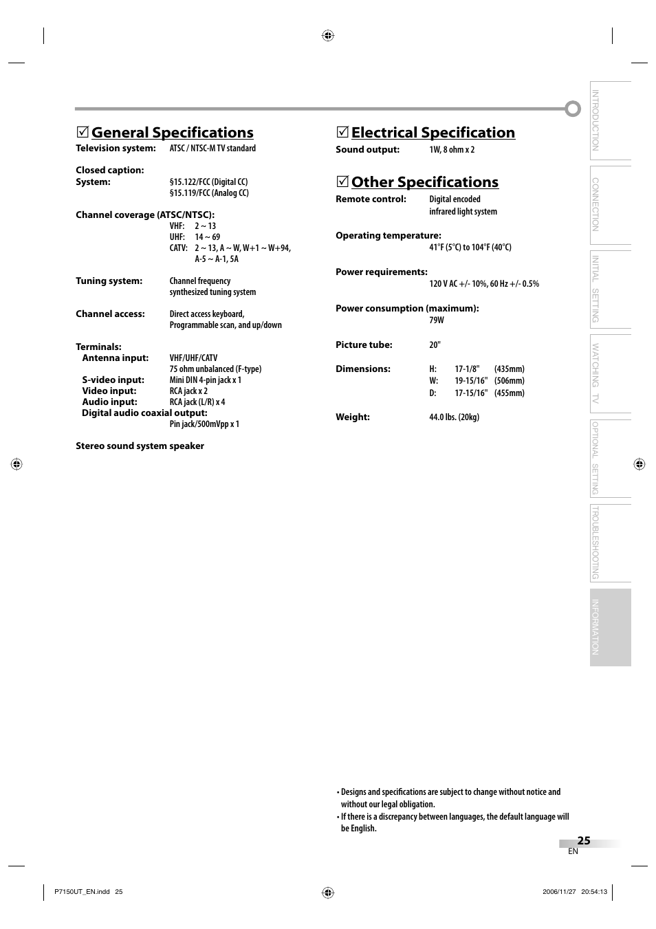 General specifications, 5electrical specification, Other specifications | Troubleshooting information | Sylvania CR202SL8 User Manual | Page 25 / 26