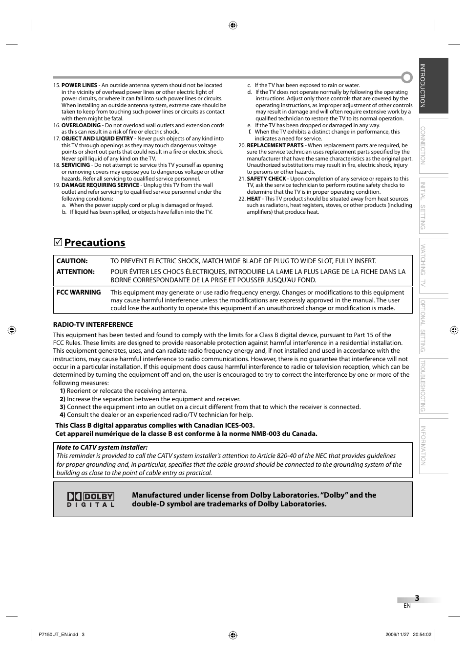 Precautions | Sylvania CR202SL8 User Manual | Page 3 / 26
