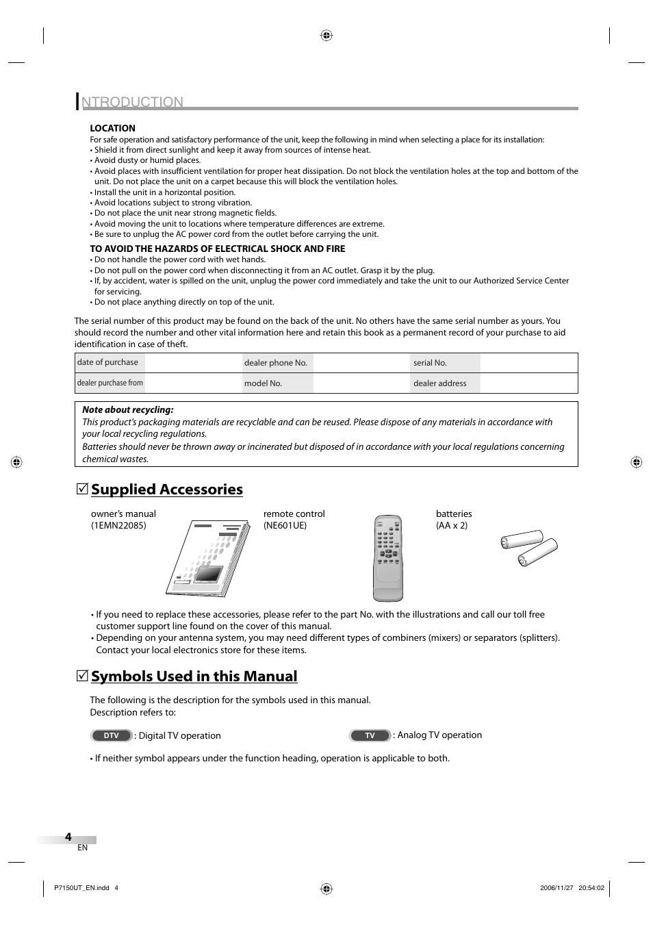 Ntroduction, Supplied accessories 5, Symbols used in this manual 5 | Sylvania CR202SL8 User Manual | Page 4 / 26