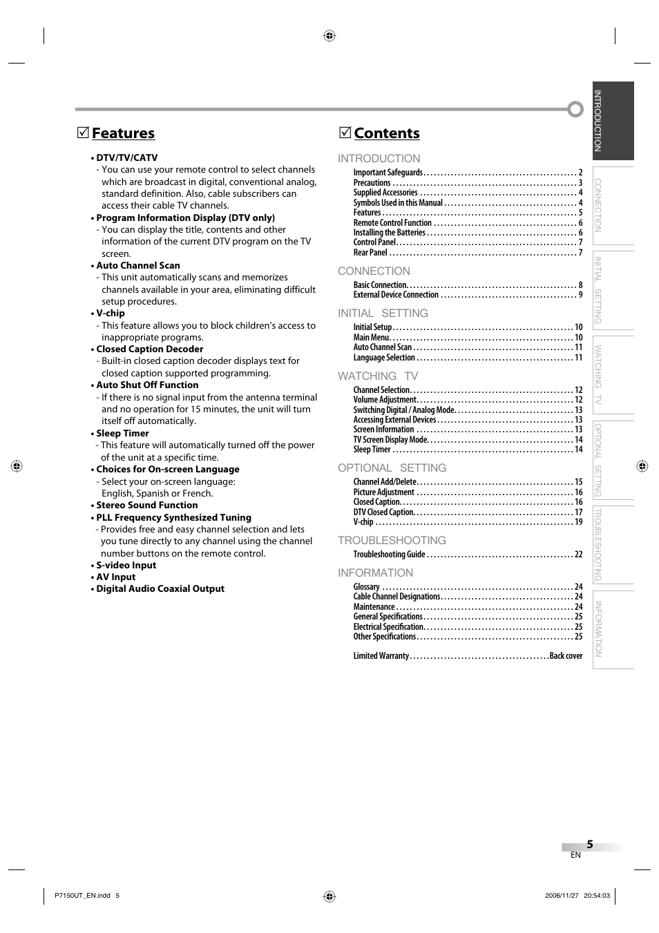 Introduction, Connection, Initial setting | Watching tv, Optional setting, Troubleshooting, Information, Contents 5, Features 5 | Sylvania CR202SL8 User Manual | Page 5 / 26