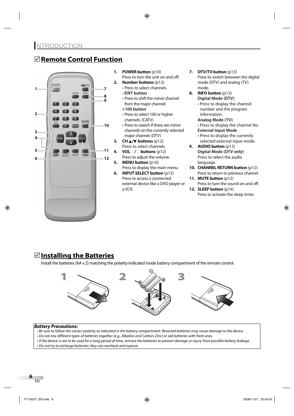 Ntroduction, Remote control function 5, Installing the batteries | Sylvania CR202SL8 User Manual | Page 6 / 26