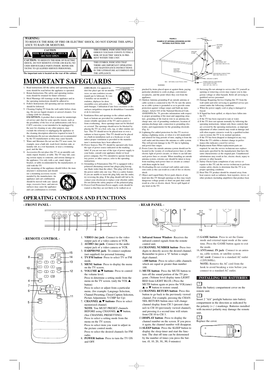 Important safeguards, Operating controls and functions, Installing the batteries | Front panel - - rear panel, Remote control | Sylvania W6413TC User Manual | Page 2 / 4