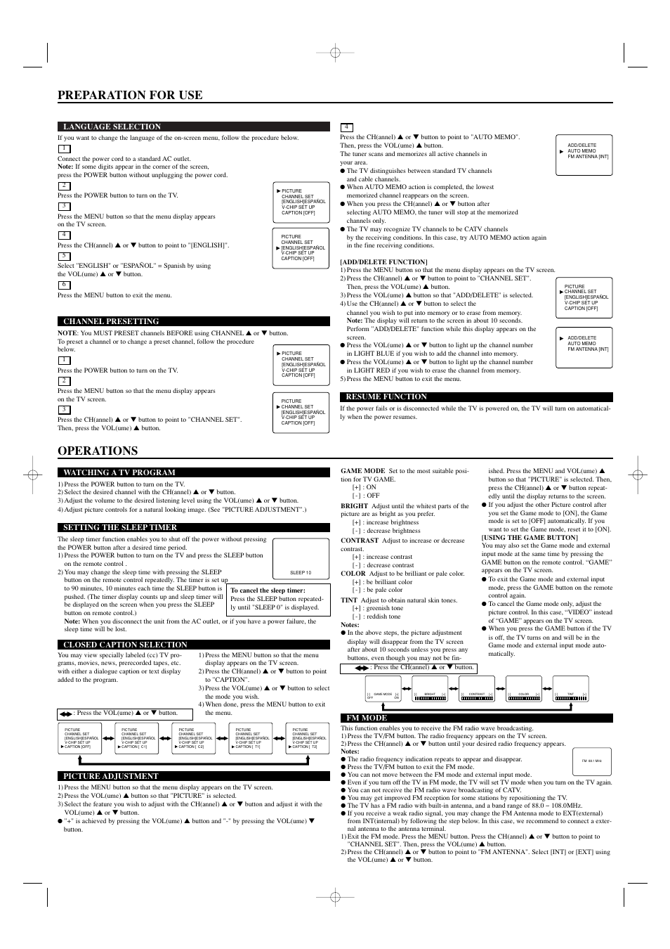 Operations, Preparation for use | Sylvania W6413TC User Manual | Page 3 / 4