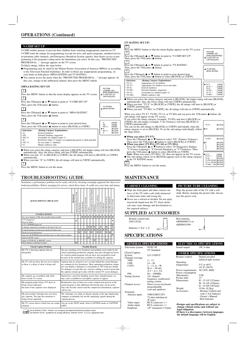 Specifications, Maintenance | Sylvania W6413TC User Manual | Page 4 / 4