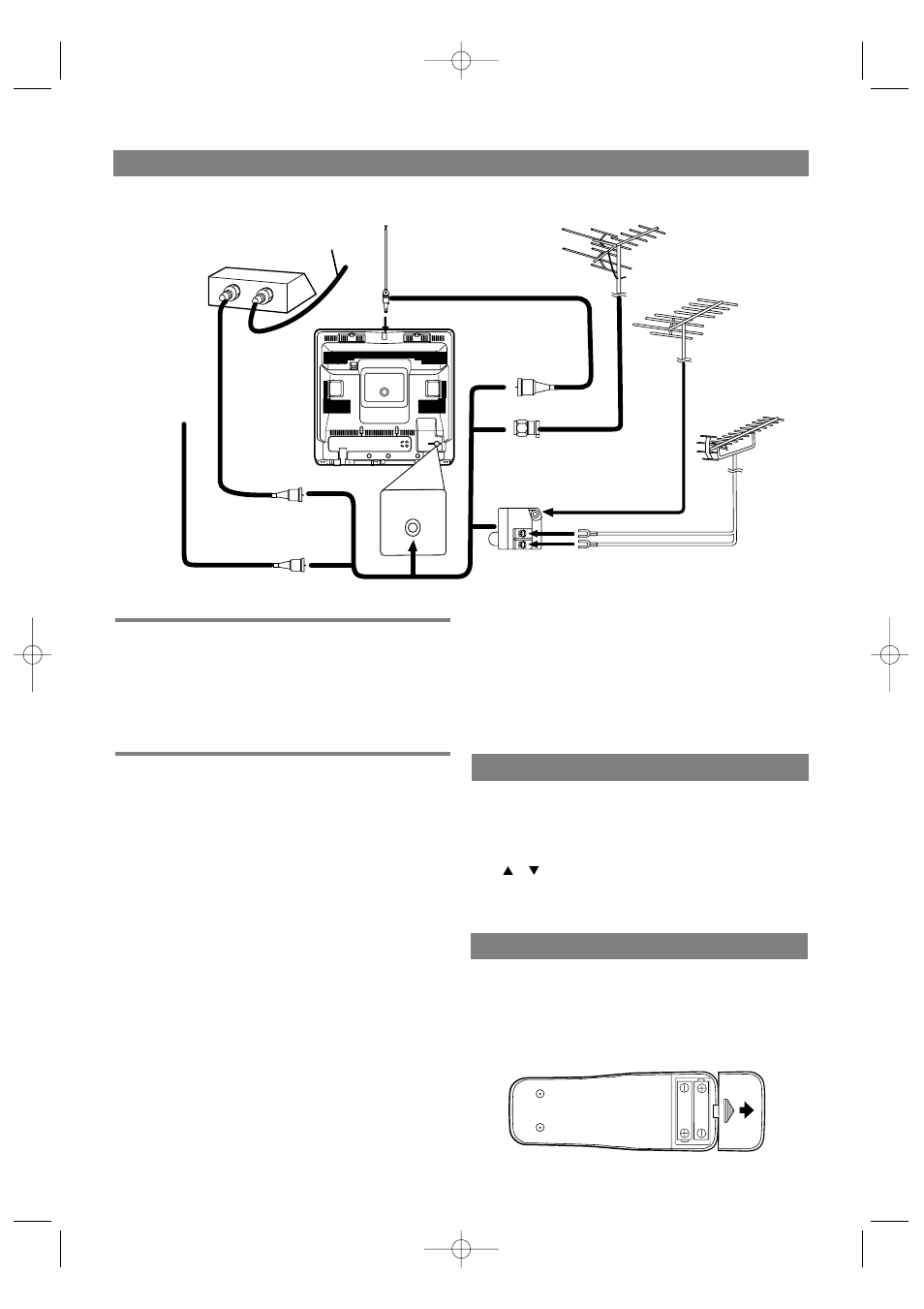 Conexiones de antena/cable, Modo de entrada externa, Instalación de las pilas | Antena combinada de vhf/uhf, Antenas separadas de vhf/uhf | Sylvania W6313CB User Manual | Page 30 / 32