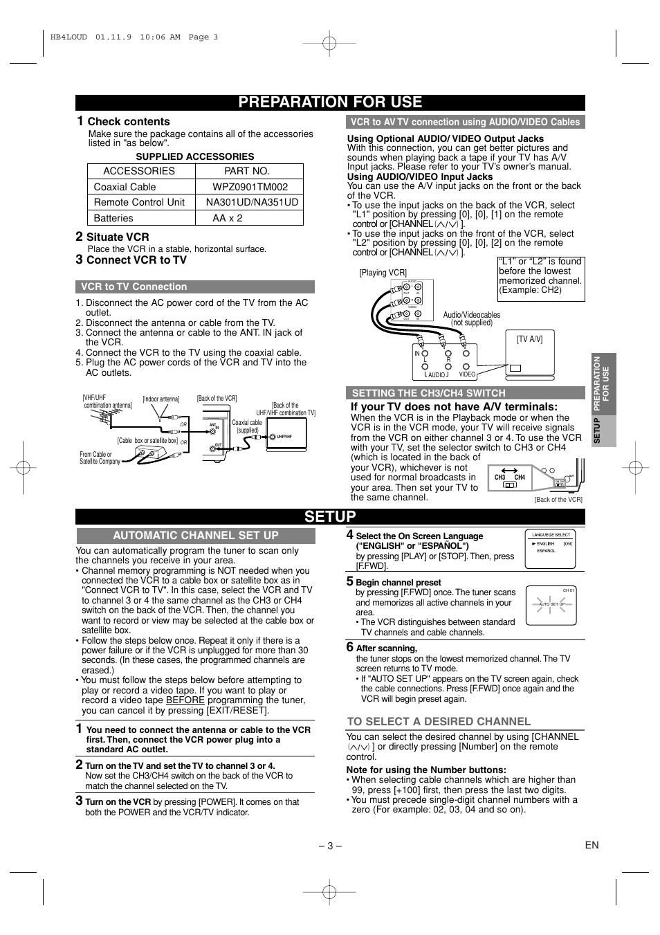 Preparation for use, Setup, Check contents | Situate vcr, Connect vcr to tv, If your tv does not have a/v terminals, Automatic channel set up | Sylvania SSV6001A User Manual | Page 3 / 8