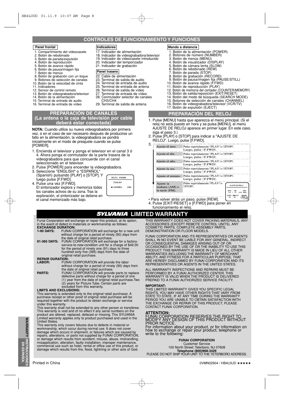 Limited warranty, Controles de funcionamiento y funciones | Sylvania SSV6001A User Manual | Page 8 / 8