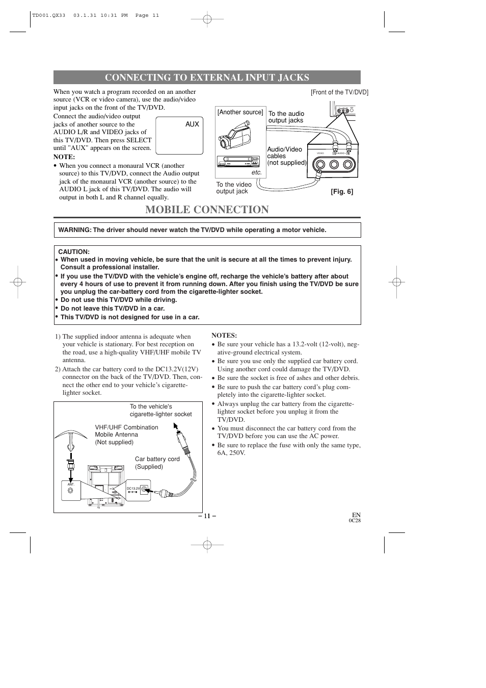 Mobile connection, Connecting to external input jacks | Sylvania 6509DD User Manual | Page 11 / 40