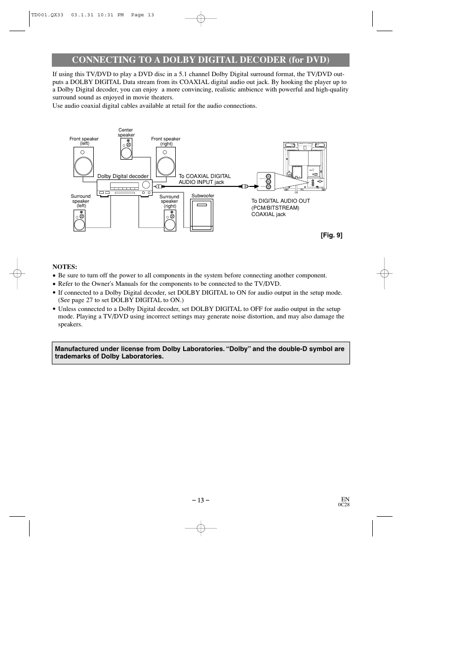 Connecting to a dolby digital decoder (for dvd) | Sylvania 6509DD User Manual | Page 13 / 40