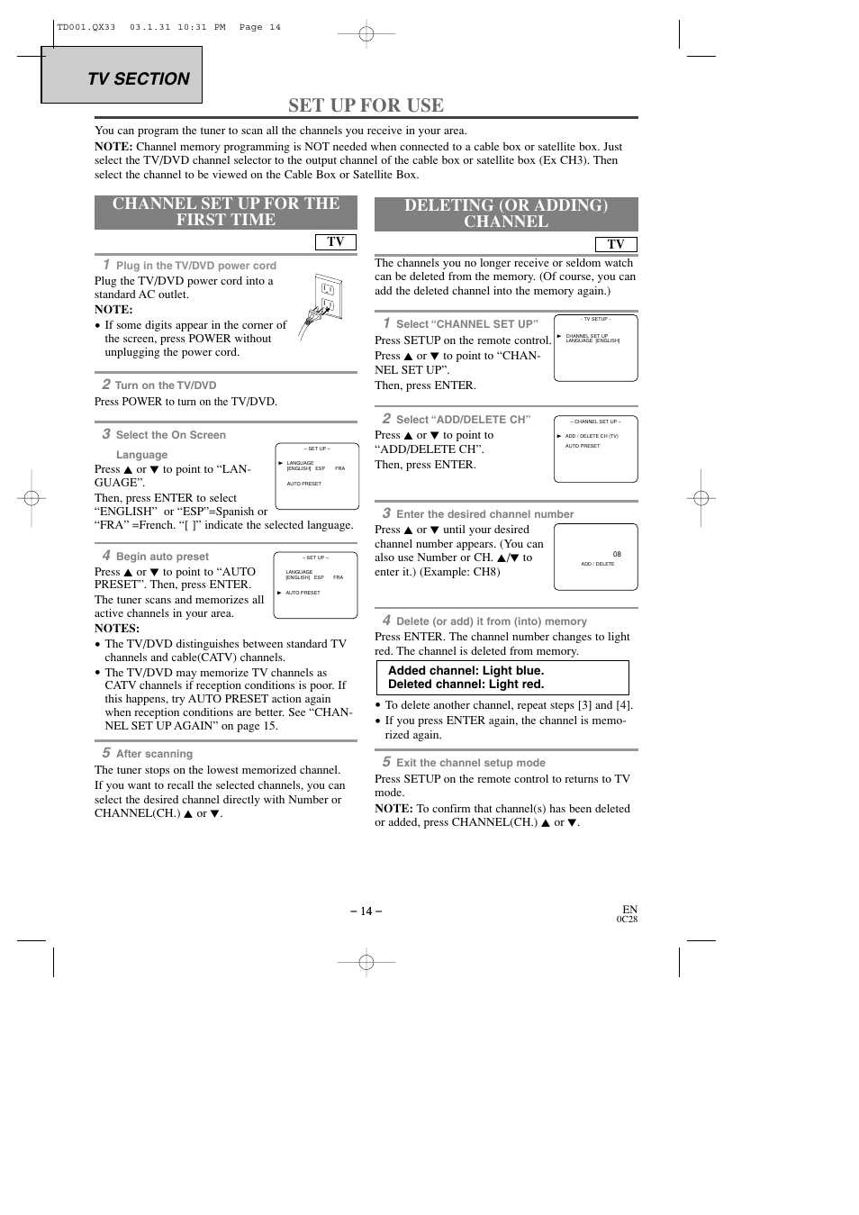 Set up for use, Channel set up for the first time, Deleting (or adding) channel | Sylvania 6509DD User Manual | Page 14 / 40