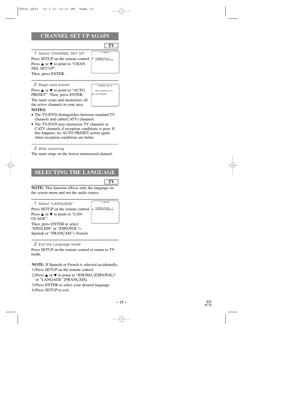 Channel set up again, Selecting the language | Sylvania 6509DD User Manual | Page 15 / 40