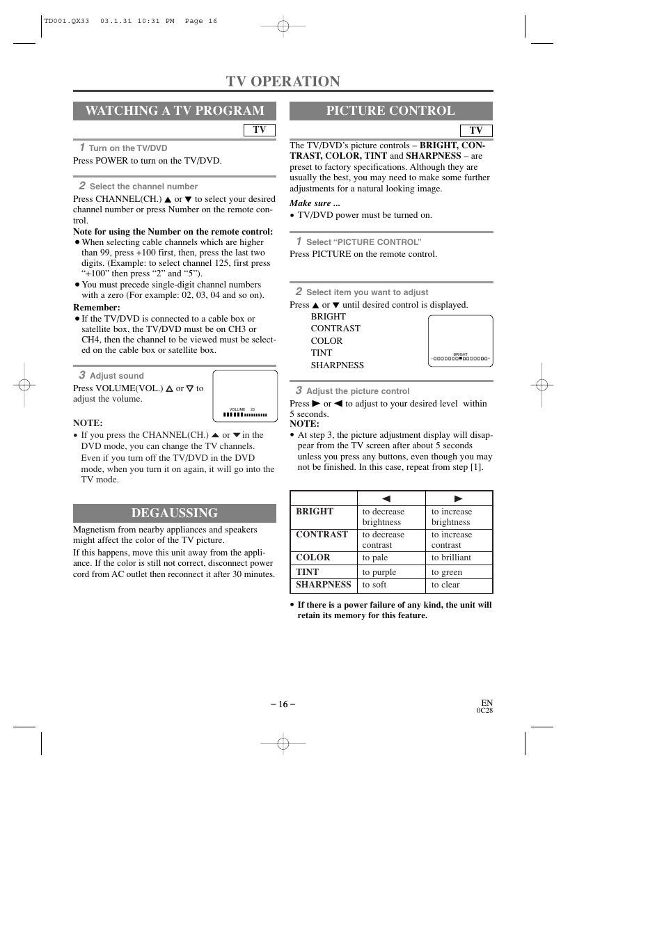 Tv operation, Degaussing, Watching a tv program | Picture control | Sylvania 6509DD User Manual | Page 16 / 40