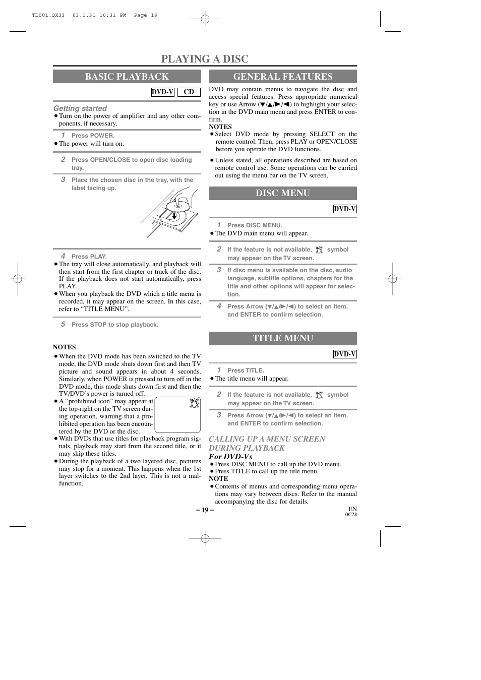 Playing a disc, Basic playback, General features | Title menu, Disc menu | Sylvania 6509DD User Manual | Page 19 / 40