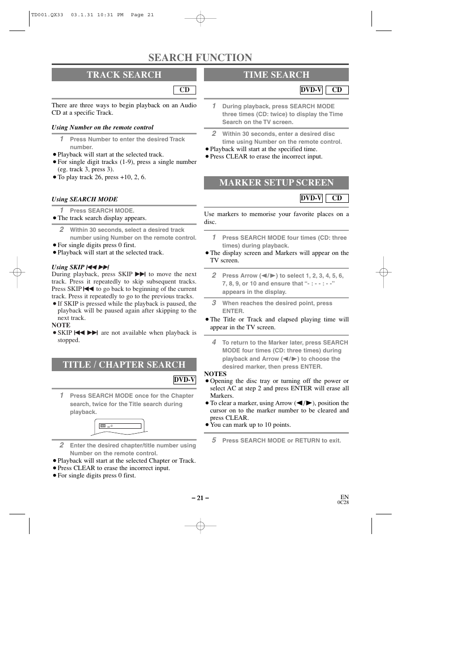 Search function, Track search, Title / chapter search | Time search, Marker setup screen | Sylvania 6509DD User Manual | Page 21 / 40