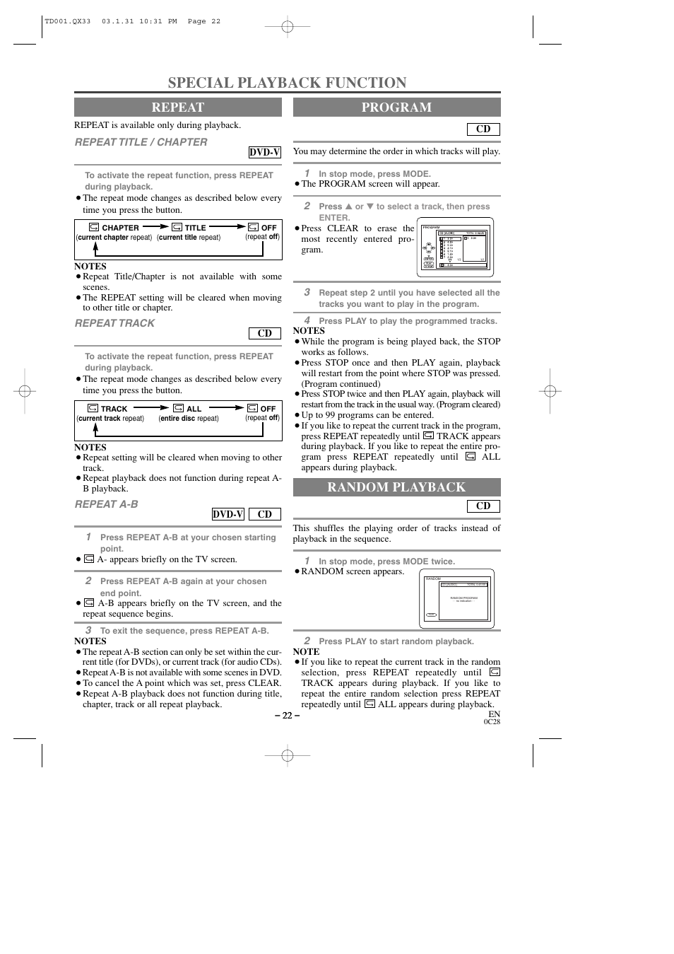 Special playback function, Repeat, Program | Random playback | Sylvania 6509DD User Manual | Page 22 / 40