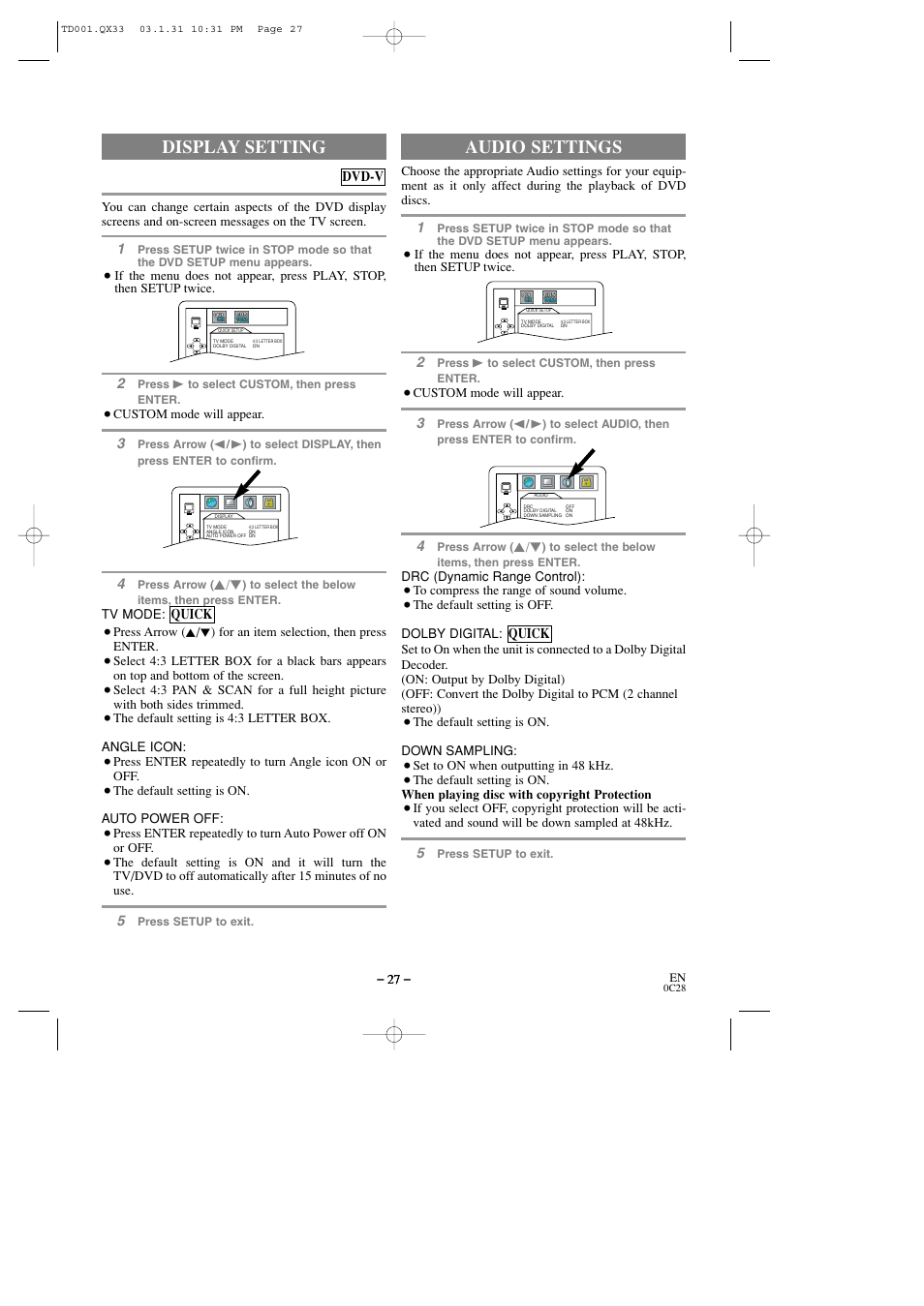 Audio settings, Display setting | Sylvania 6509DD User Manual | Page 27 / 40