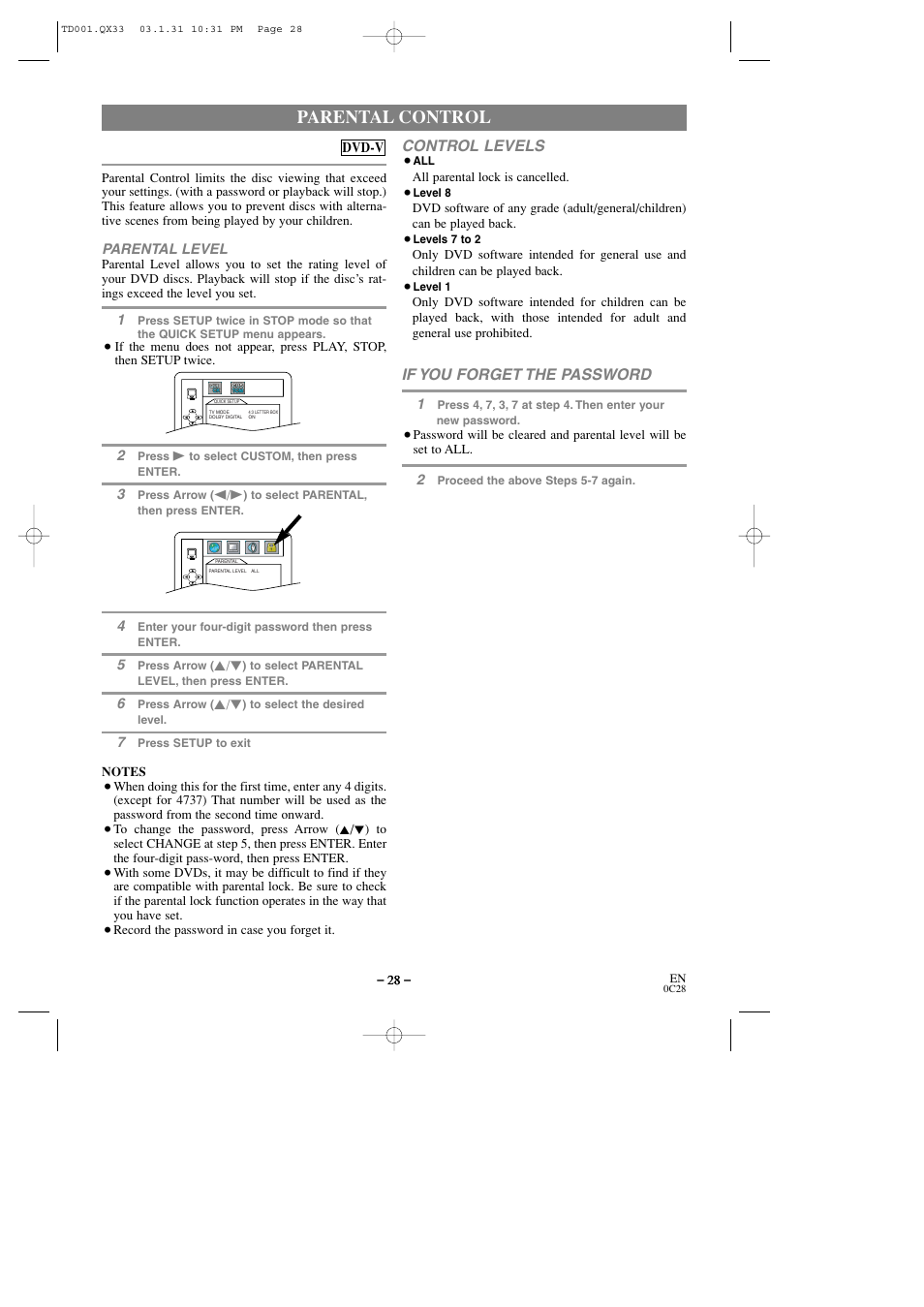 Parental control, Control levels, If you forget the password | Sylvania 6509DD User Manual | Page 28 / 40