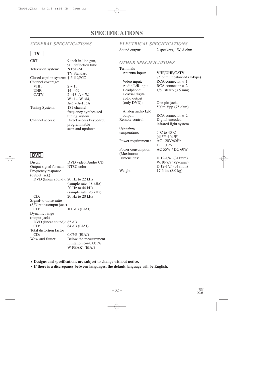 Specifications | Sylvania 6509DD User Manual | Page 32 / 40