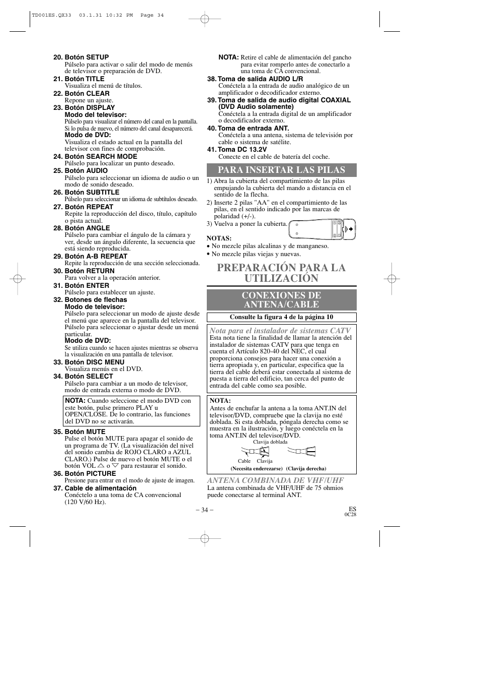 Preparación para la utilización, Para insertar las pilas conexiones de antena/cable | Sylvania 6509DD User Manual | Page 34 / 40