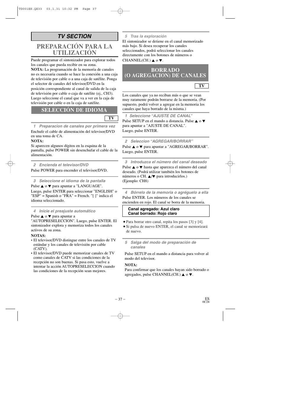 Preparación para la utilización, Selección de idioma, Borrado (o agregacion) de canales | Sylvania 6509DD User Manual | Page 37 / 40